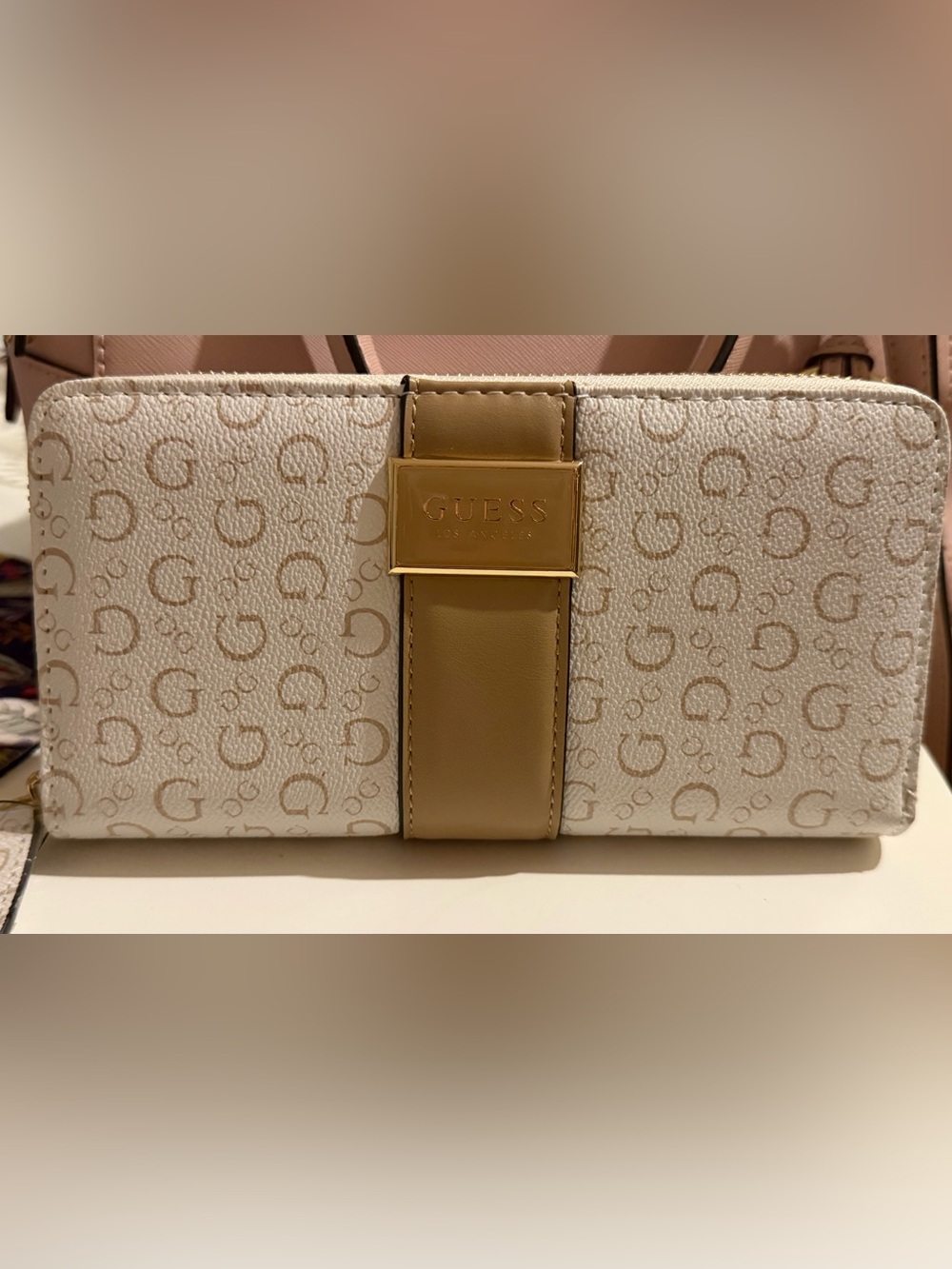GUESS Cream & Tan Logo Shoulder Bag with Gold Plaque